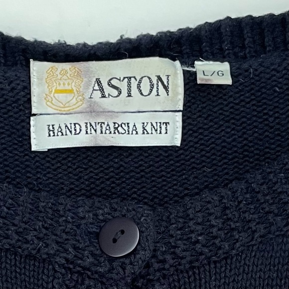 Vintage Dog Cotton Cardigan Sweater 80s 90s Navy L Novelty Grandma Cottagecore - Picture 9 of 13